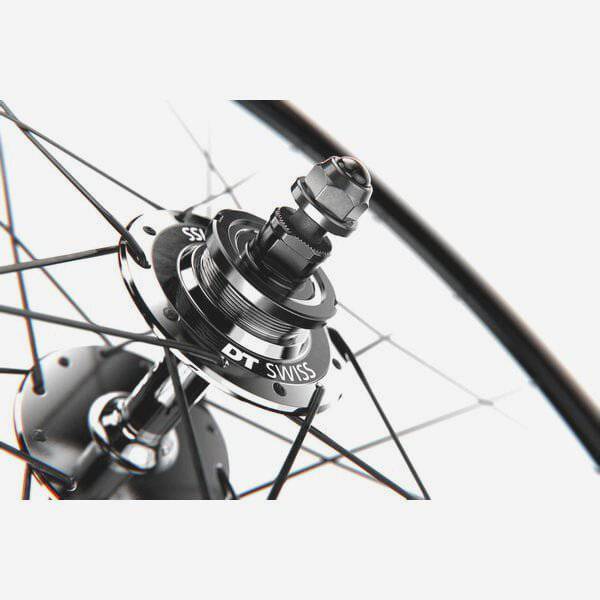 DT Swiss T 1800 rear track wheel with 30mm aero alloy rim, clincher design, tubeless-ready, showing sleek rim profile.