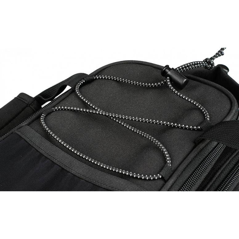 Topeak MTX TrunkBag DXP black bike rack bag with expandable pannier, designed for cycling accessories and storage.