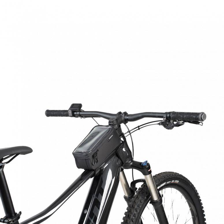Topeak Bento Pack black top tube bike bag with phone case and organizer, mounted on a bicycle frame for accessories storage
