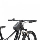 Topeak Bento Pack black top tube bike bag with phone case and organizer, mounted on a bicycle frame for accessories storage