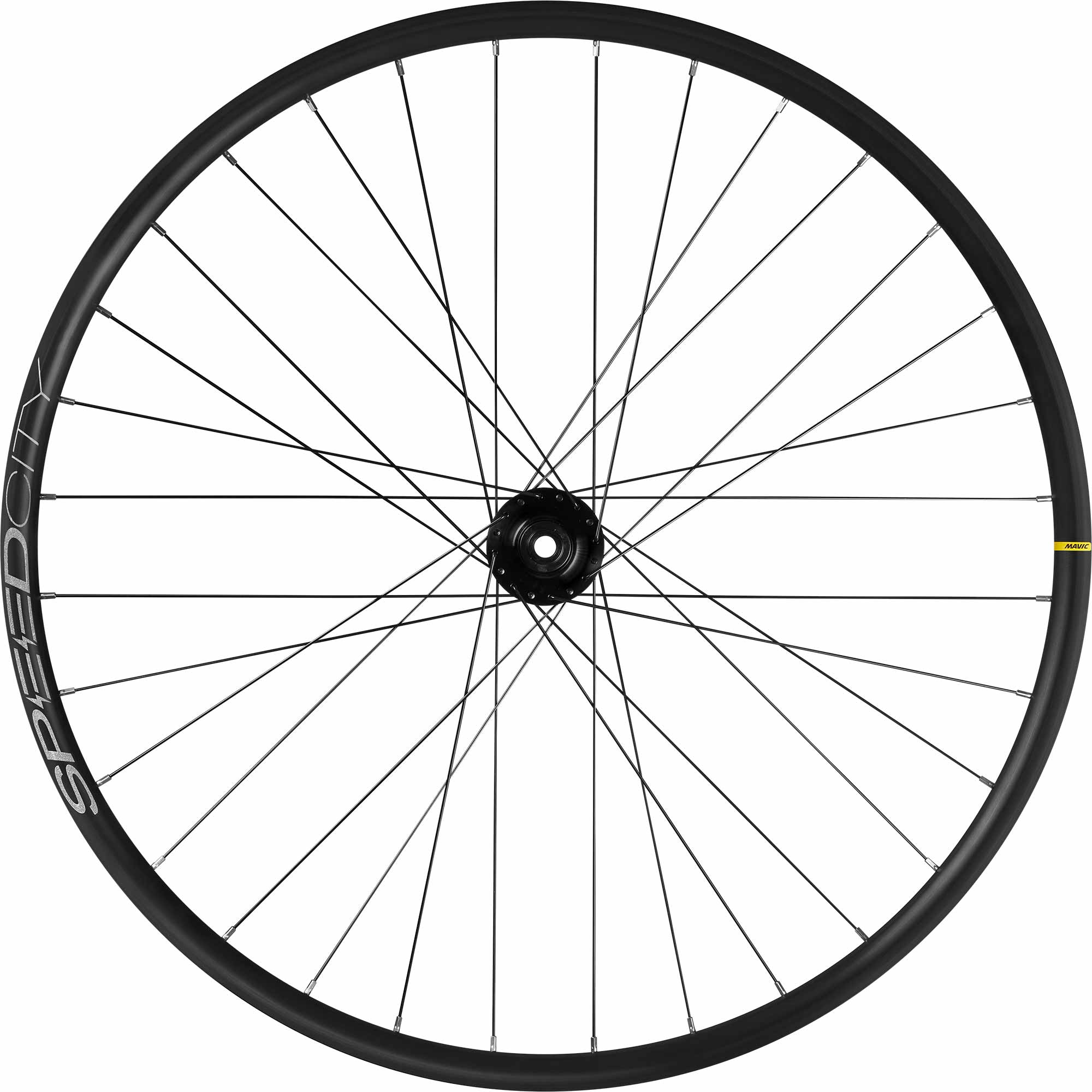 Mavic E-Speedcity 1 700c disc wheel with high torque resistance for electric bikes, showcasing the sleek design and disc brake compatibility.