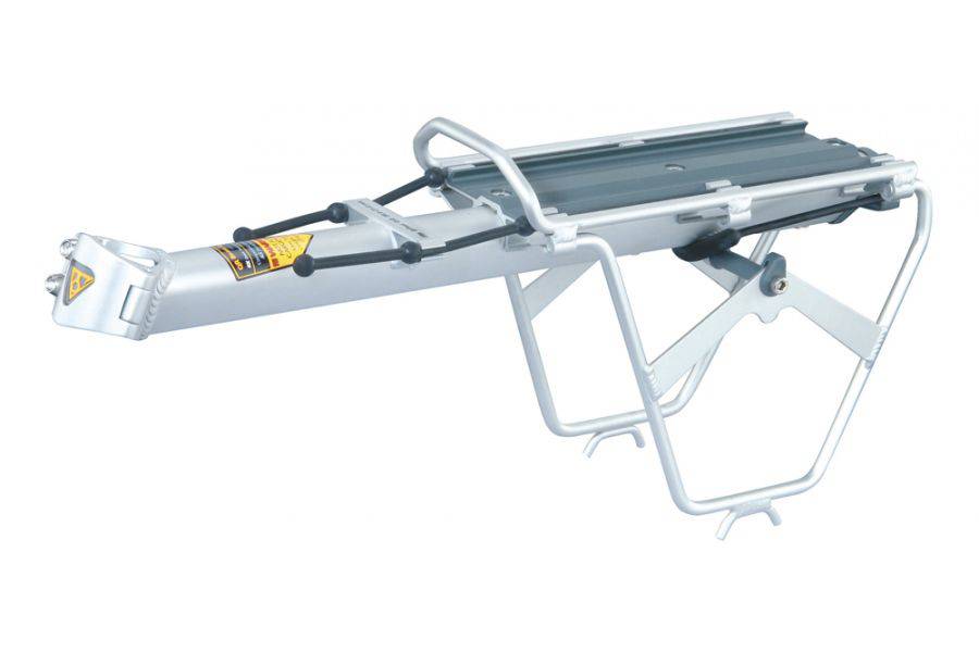 Topeak RX Beam Rack for road bikes with adjustable seatpost clamp and bungee cords, mounted on a bike frame.