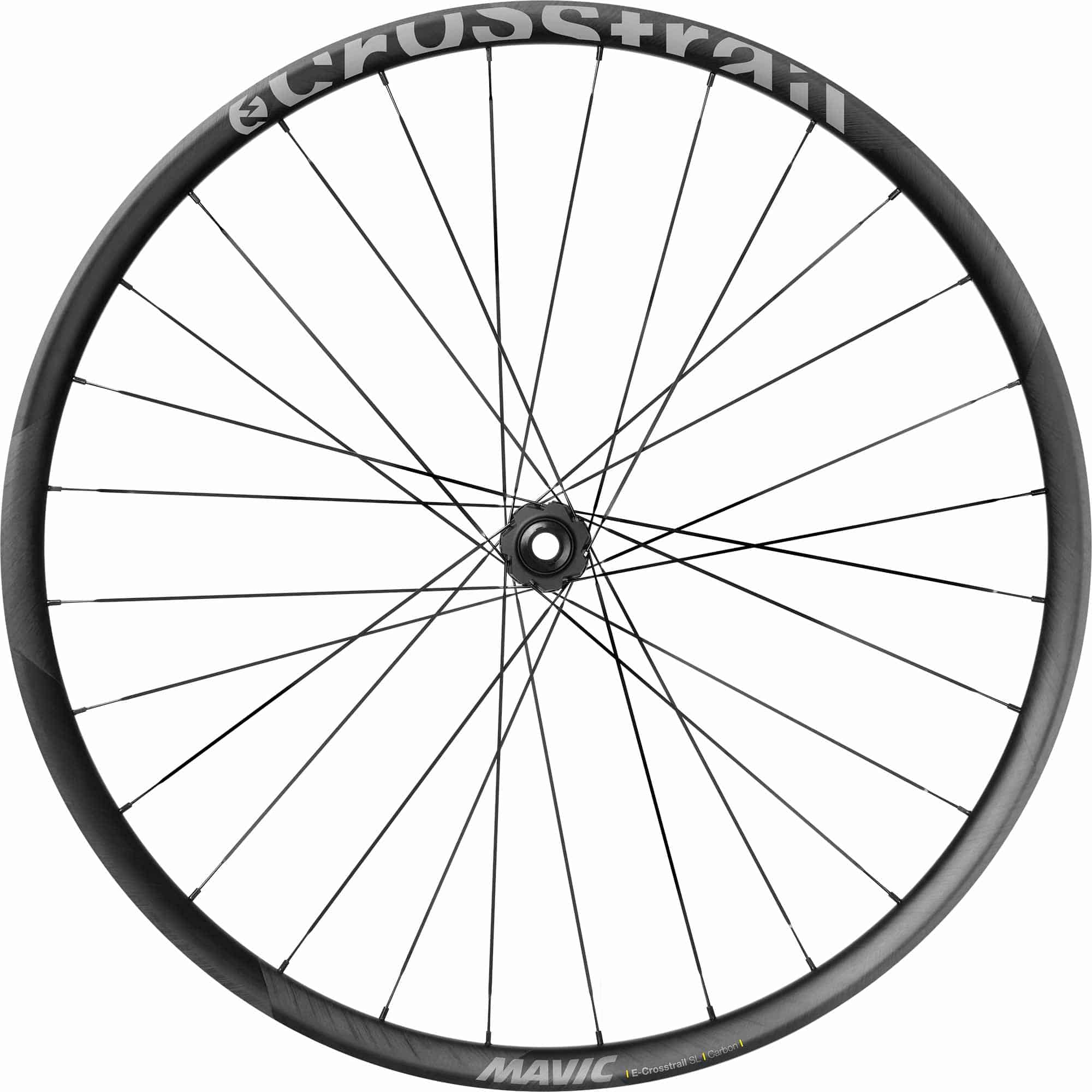 Mavic E-Crosstrail SL Carbon 29 E-MTB wheel with 6-bolt disc mount, lightweight carbon fiber, designed for e-bike mountain biking.