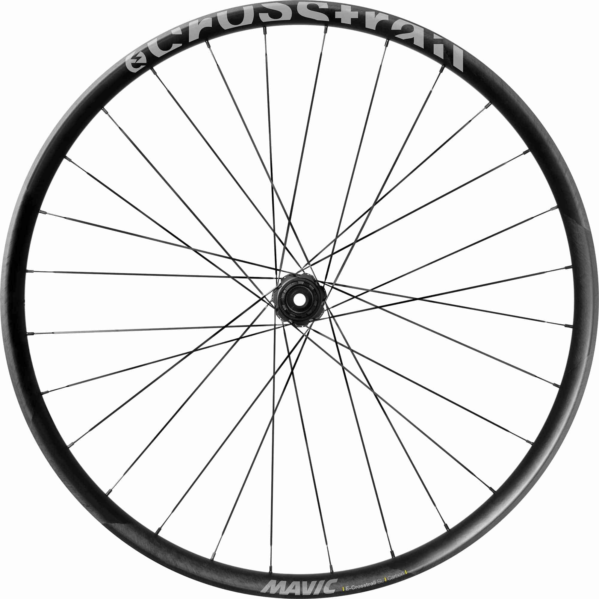Mavic E-Crosstrail SL Carbon 29 E-MTB wheel with 6 bolt disc mount, lightweight carbon fiber component for e-bikes.