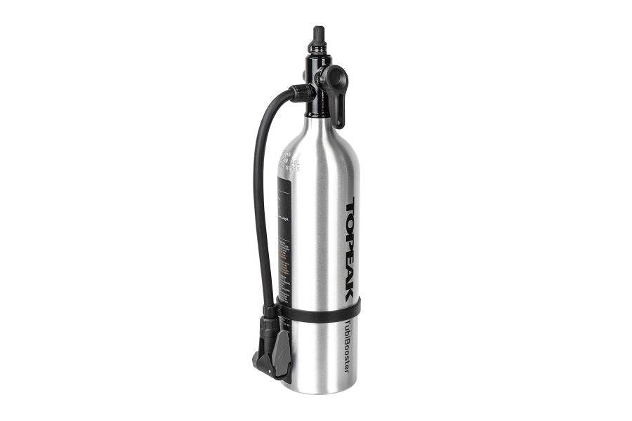 Topeak Tubibooster X Silver tubeless tyre inflator with Presta and Schrader valve compatibility, accessory for bike tyre inflation.