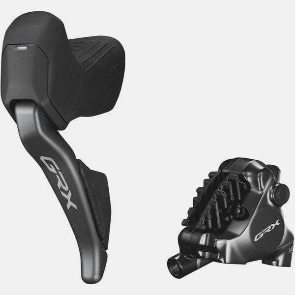 Shimano GRX ST-RX825 Di2 2-speed left STI shifter with BR-RX820 hydraulic rear brake caliper, mounted on bike components.