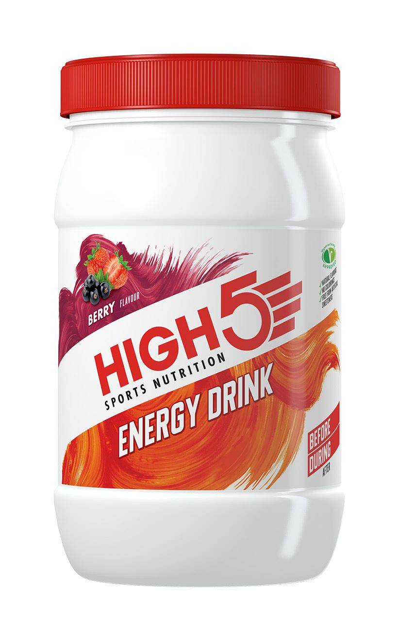 High5 Energy Drink Tub 1kg, endurance sports carb and electrolyte mix, with colorful supplement powder in a white container