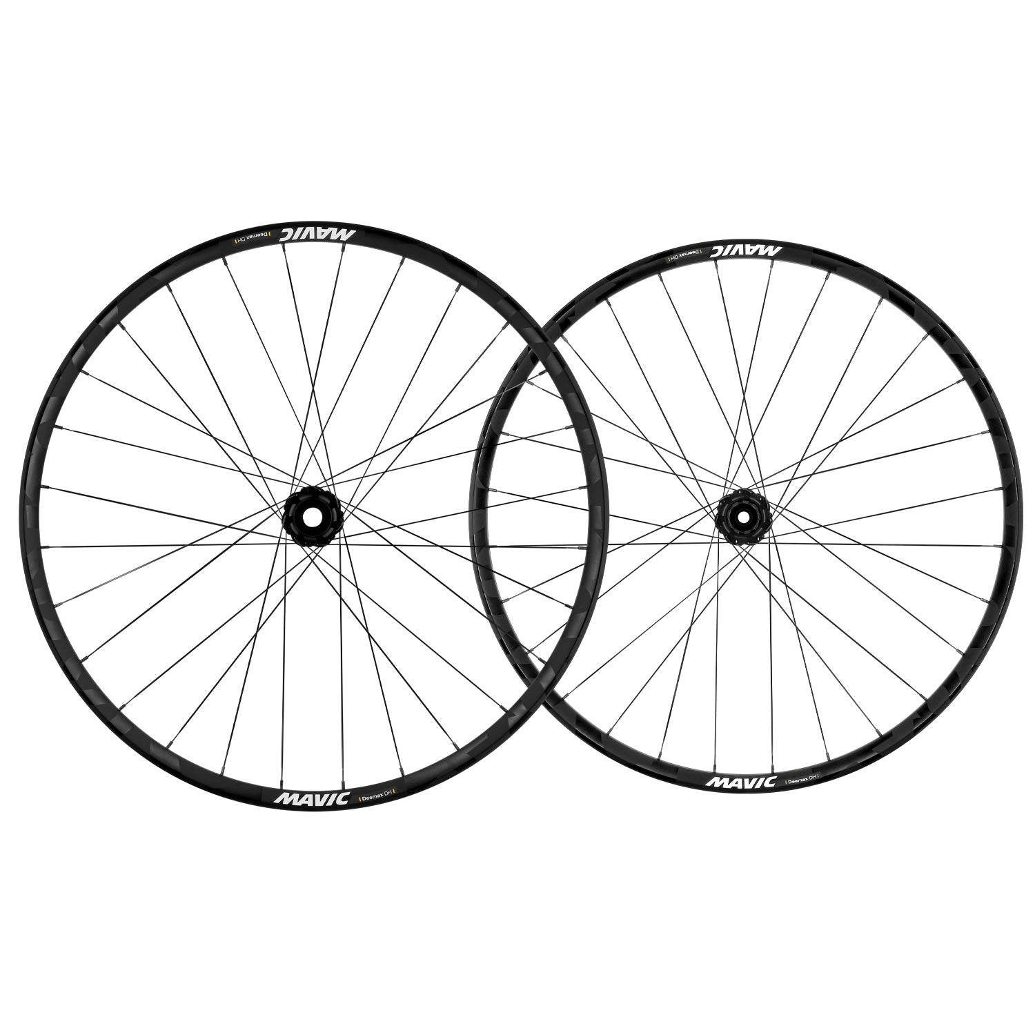 Mavic Deemax DH Mullet 6 bolt disc wheels for downhill racing and mountain biking, showing the black alloy wheel set with disc brake mount.