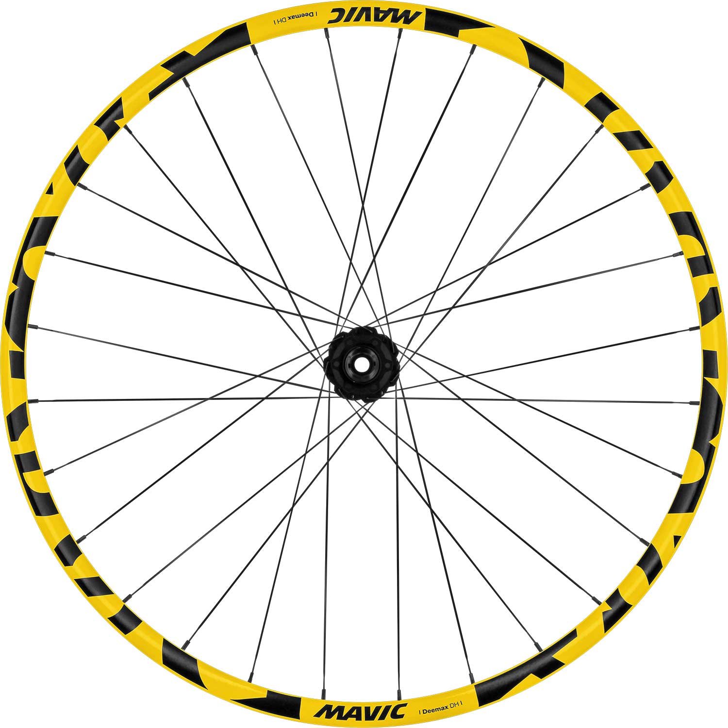 Mavic Deemax DH yellow 29-inch downhill mountain bike wheel with 6 bolt boost hub and 30mm rim width, ready for rugged terrain.