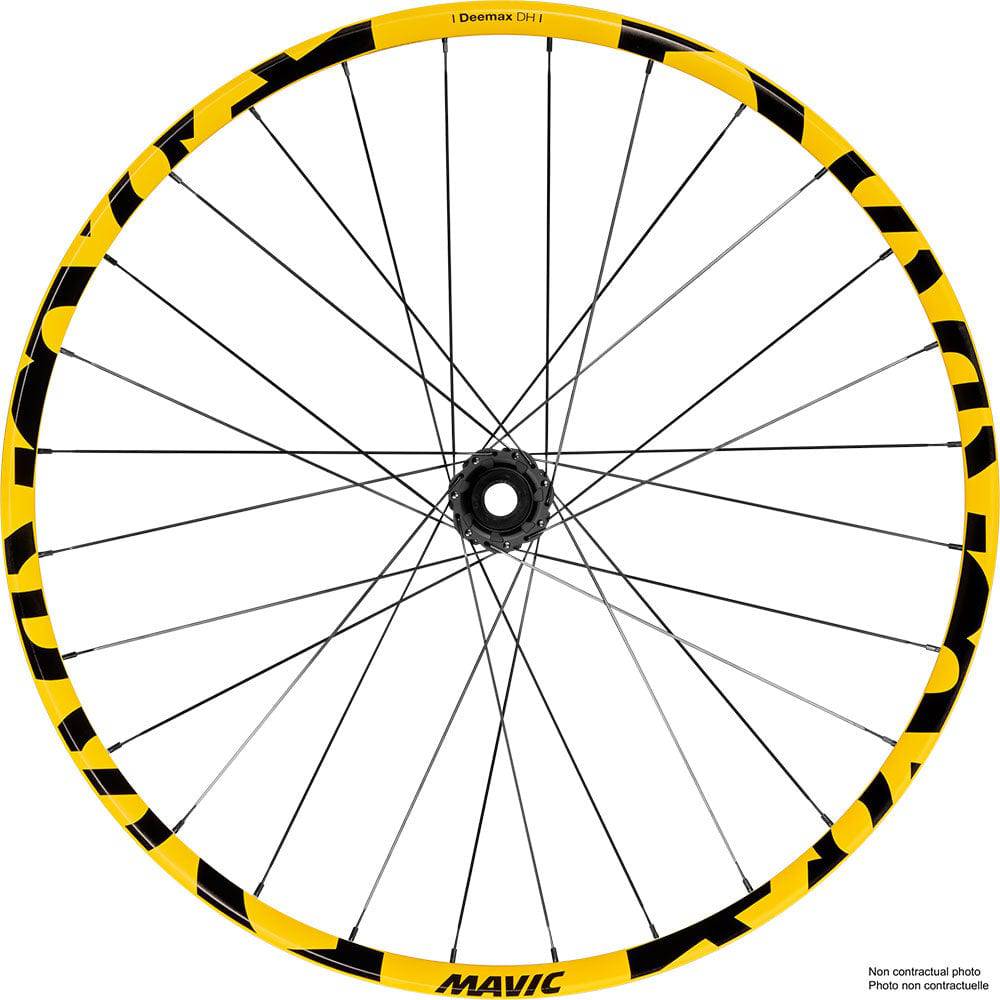 Mavic Deemax DH yellow 27.5-inch downhill MTB wheels with tubeless-ready rims and 6-bolt disc brake compatibility.