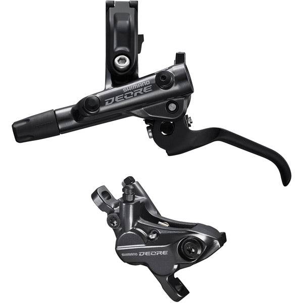 Shimano Deore hydraulic disc brake lever and 4-pot caliper, post mount, for mountain bike braking systems.