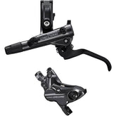 Shimano Deore hydraulic disc brake lever and 4-pot caliper, post mount, for mountain bike braking systems.