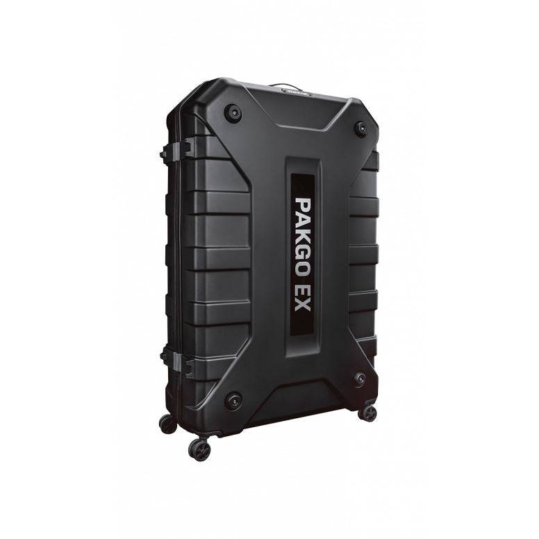 Topeak Pakgo EX black bike transport case with multi-directional wheels, durable accessories for secure bike travel.