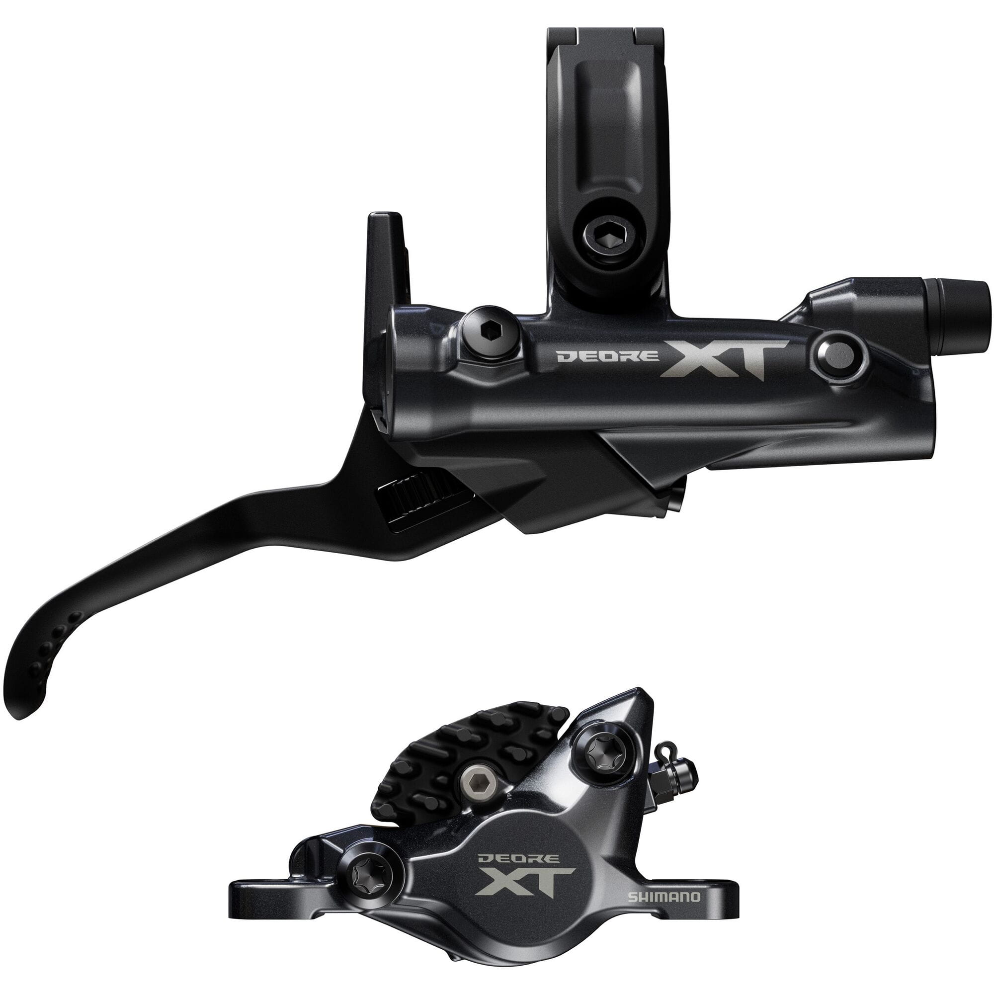 Shimano Deore XT M8200 brake lever and post mount caliper set for mountain bike hydraulic disc brakes.