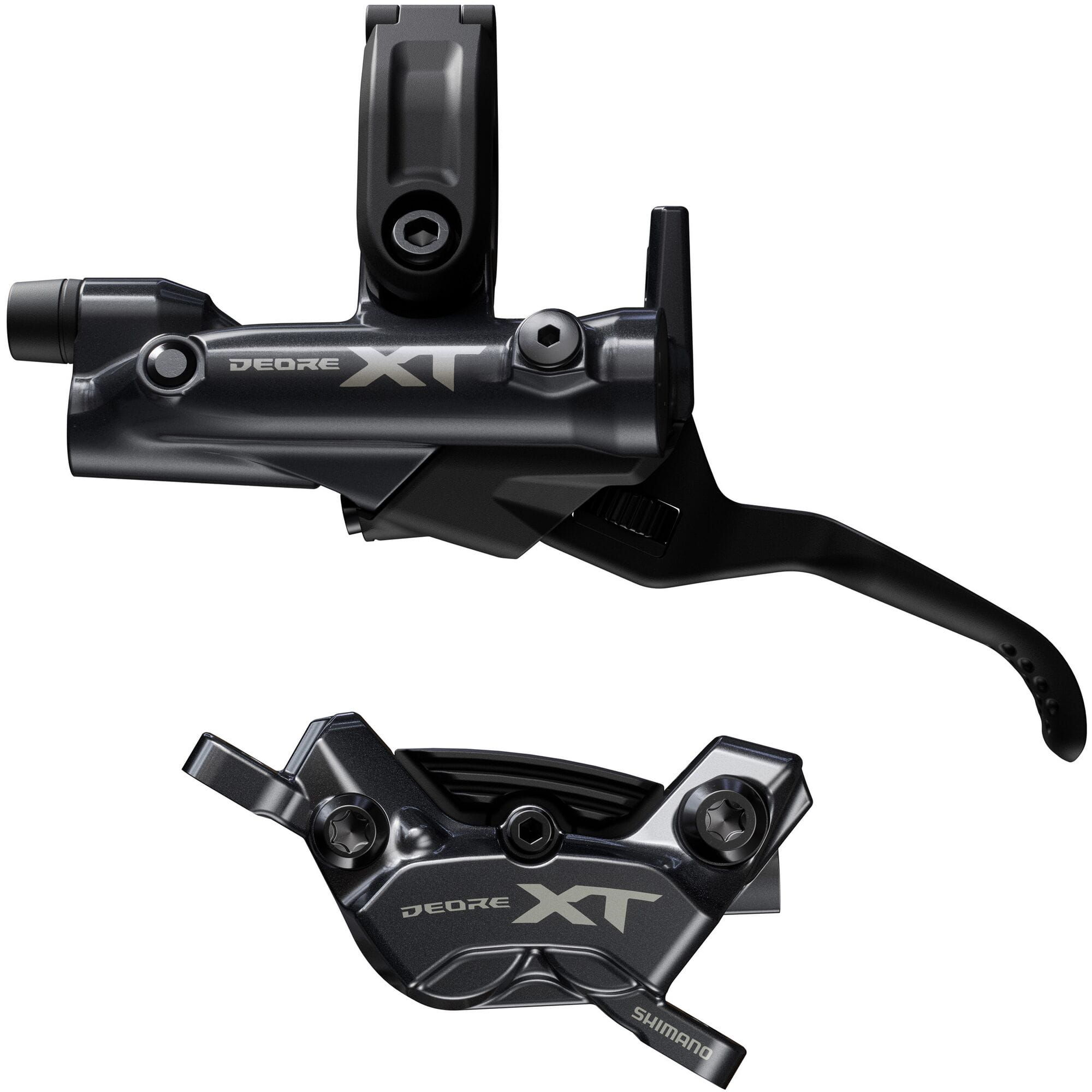 Shimano Deore XT BR-M8220/BL-M8200 rear left 4-pot post mount brake lever and caliper for mountain bikes.
