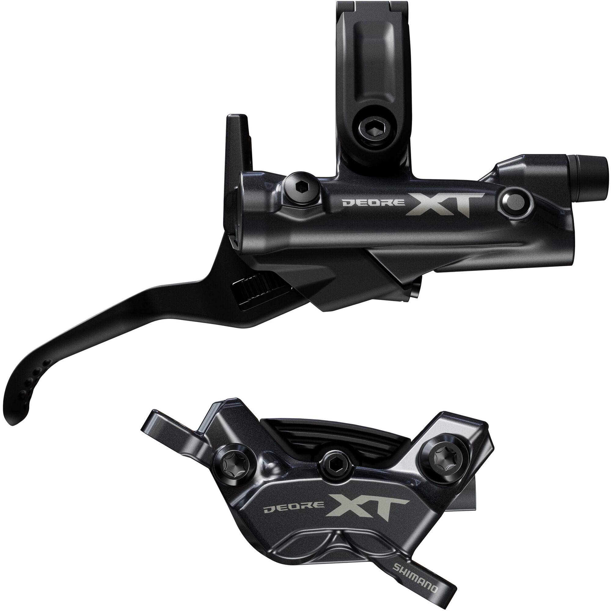 Shimano Deore XT M8220 front right 4-pot post mount brake lever and caliper for mountain bikes, black finish.