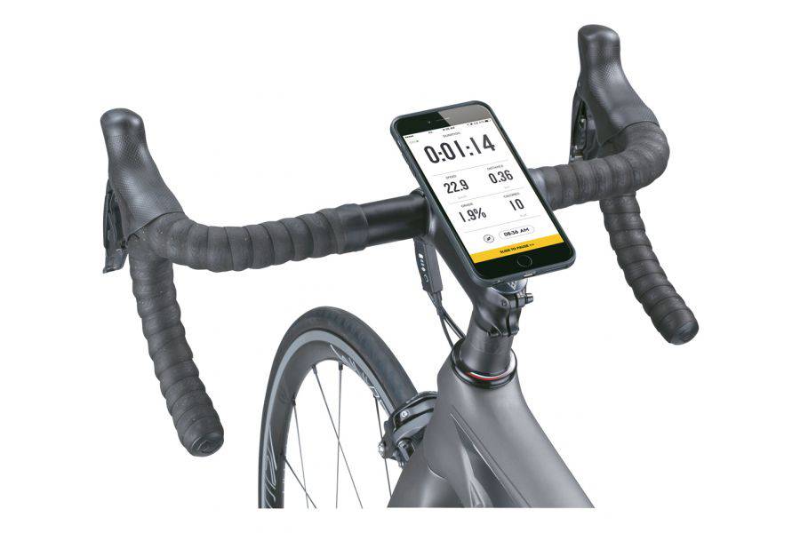 Topeak iPhone XR Ridecase with QuickClick mount and adjustable viewing angles for cycling accessories.