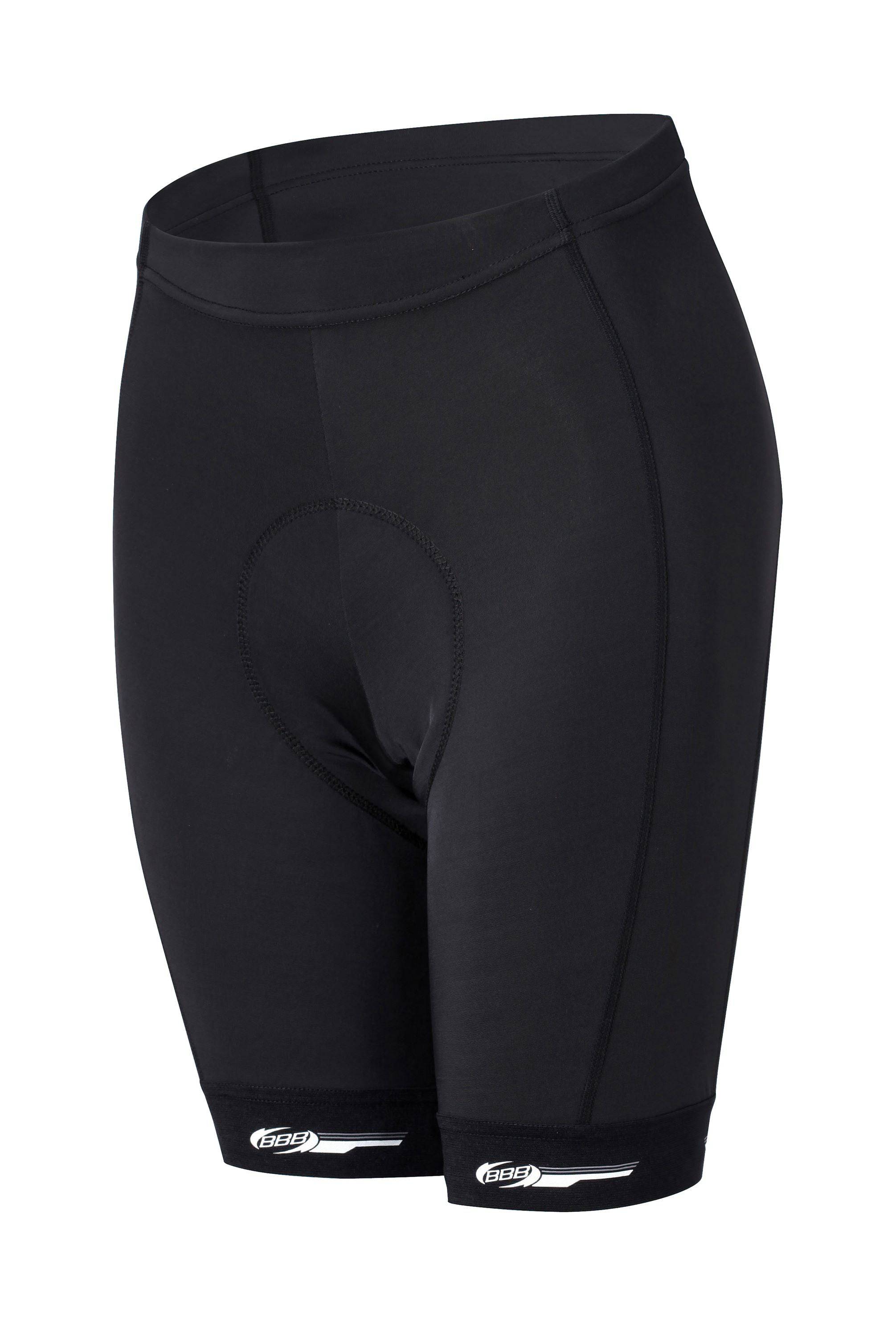 BBB GirlTech women's cycling bib shorts in black and white with padding, shown in XXL size on a model.