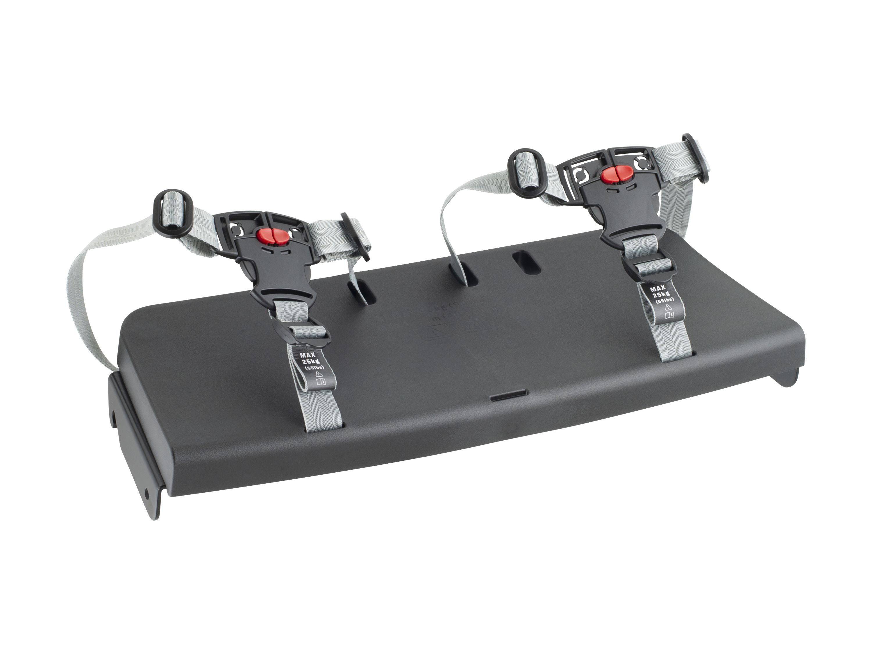 Trek Fetch+ 4 child bike seat bench in black, showing a secure, comfortable accessory with easy installation for bike safety.