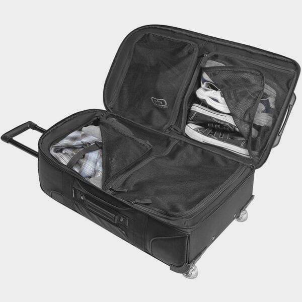 OGIO ONU 29 Stealth Travel Bag 95L expandable checked luggage with organizer, black fabric, side handle, and zipper compartments.