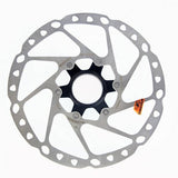 Shimano Deore SM-RT64 centre-lock disc brake rotor for reliable cycling performance, showing a silver metal rotor with mounting holes.