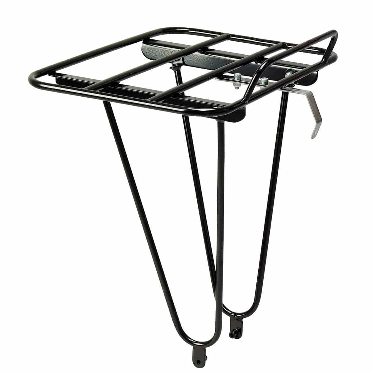 Minoura Gamoh Porteur front bike rack mounted on an urban bicycle, showcasing its stylish and functional design for urban cycling accessories.