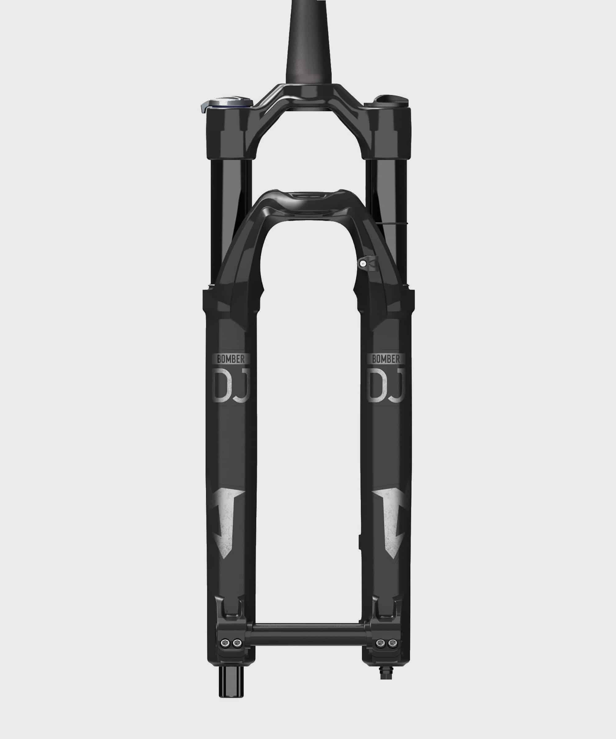 Marzocchi Bomber DJ GRIP tapered MTB fork with 26-inch wheels and 100mm travel, showcasing suspension components.