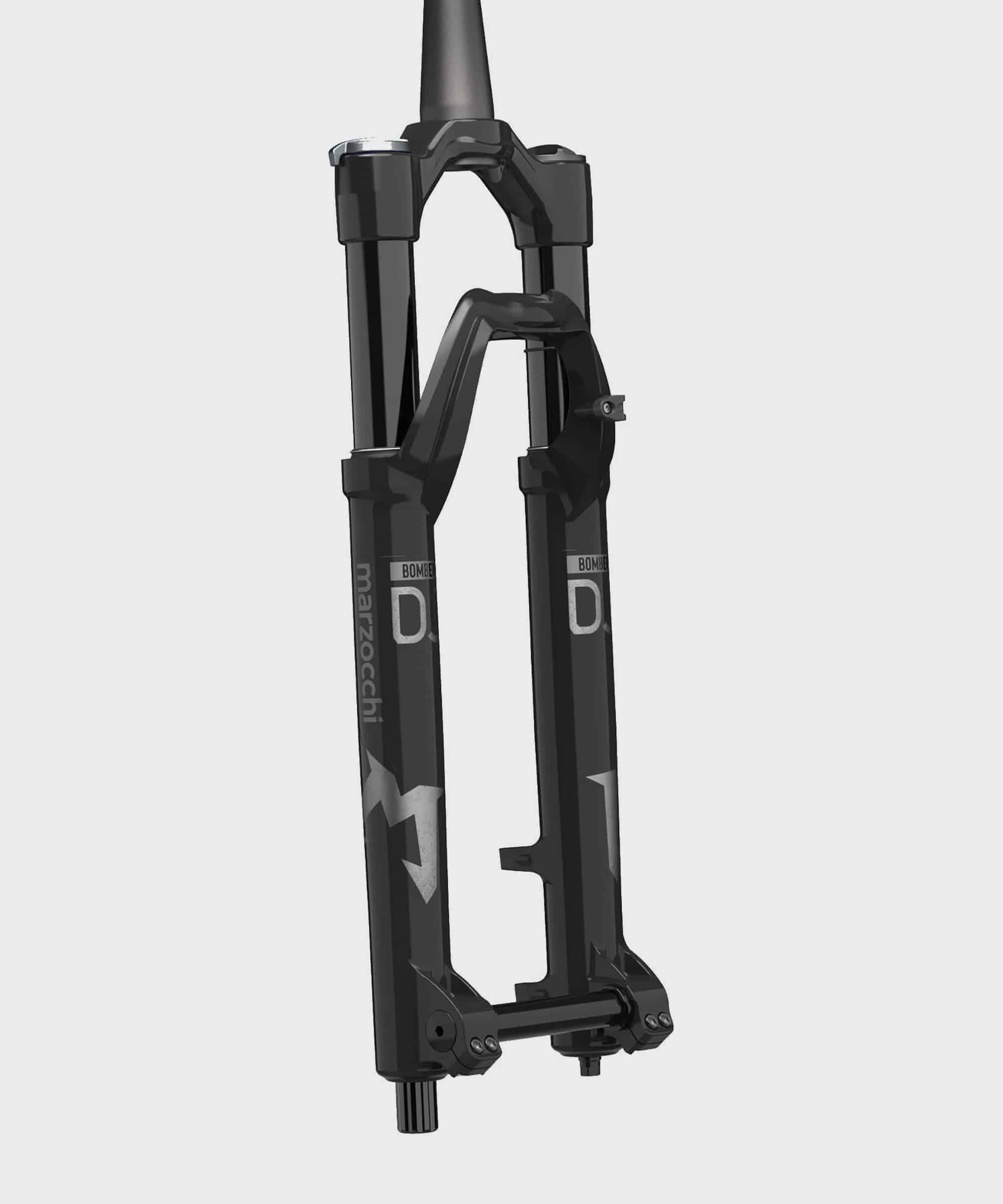 Marzocchi Bomber DJ GRIP tapered MTB fork with 26-inch wheels and 100mm travel, showing the suspension components and design.