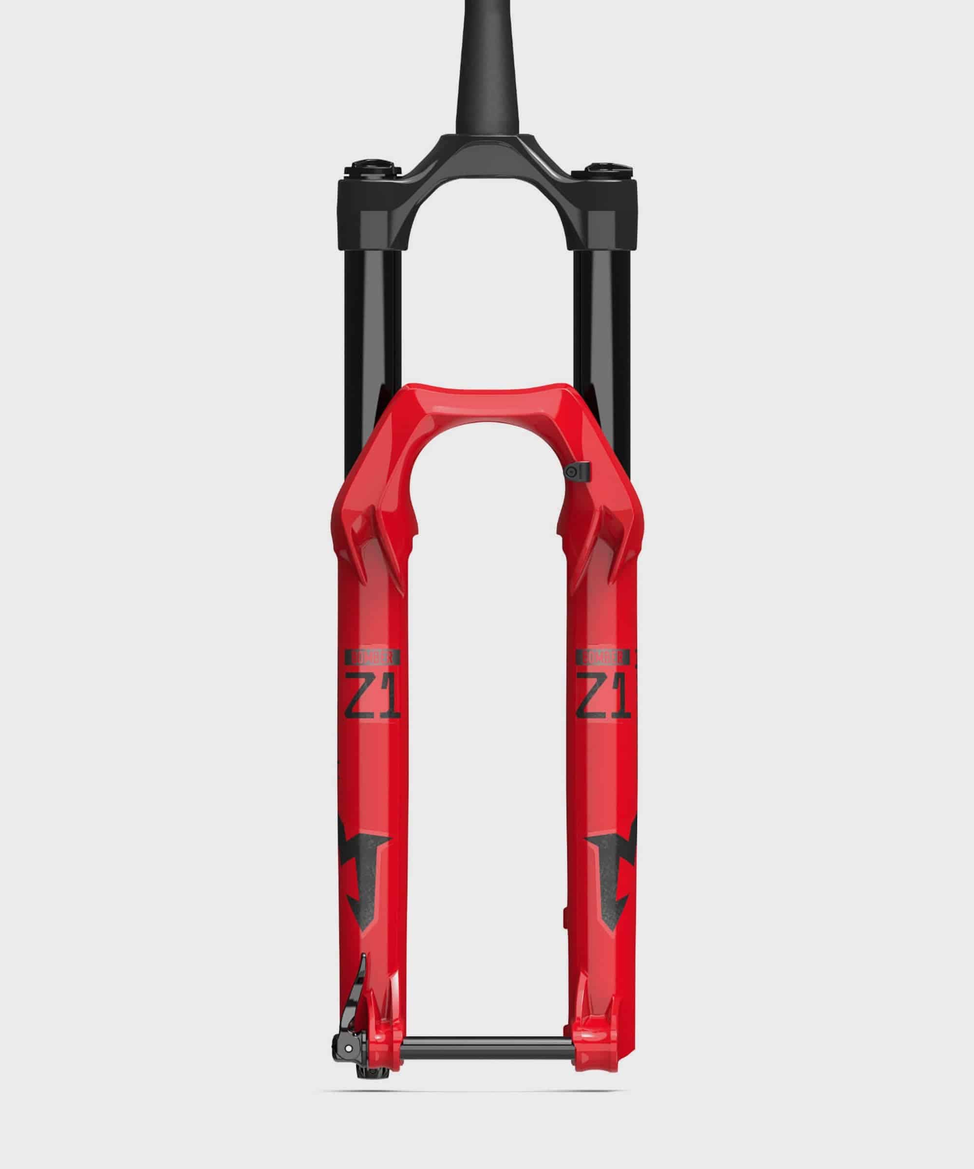 Marzocchi Bomber Z1 RAIL tapered MTB fork with GRIP damper and EVOL air spring, showing the fork's tapered crown and suspension details.