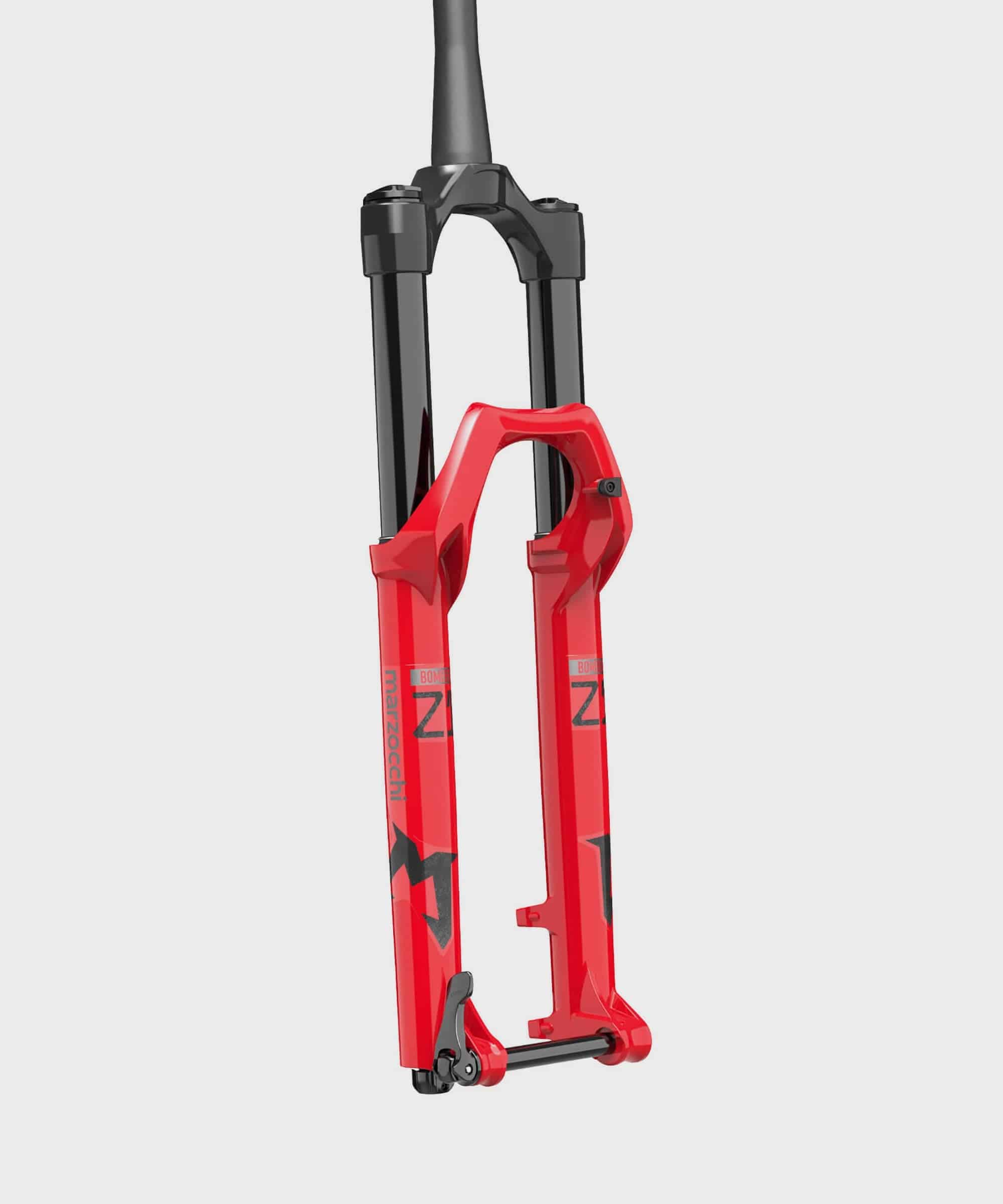 Marzocchi Bomber Z1 RAIL tapered MTB fork with GRIP damper and EVOL air spring, showing the fork's tapered crown and suspension components.