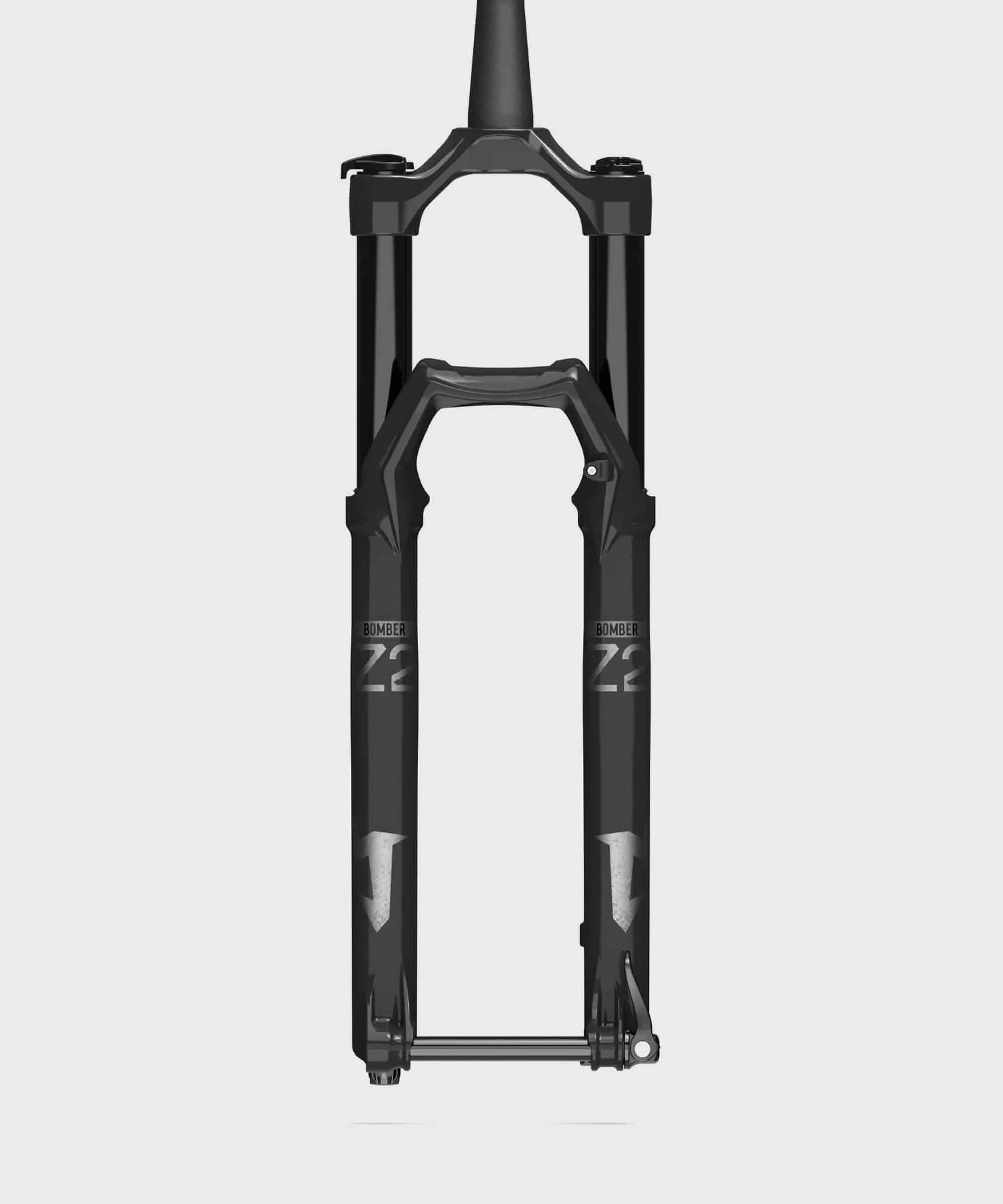 Marzocchi Bomber Z2 mountain bike fork with tapered design and 120-150mm travel, suited for 27.5-inch and 29-inch wheels.
