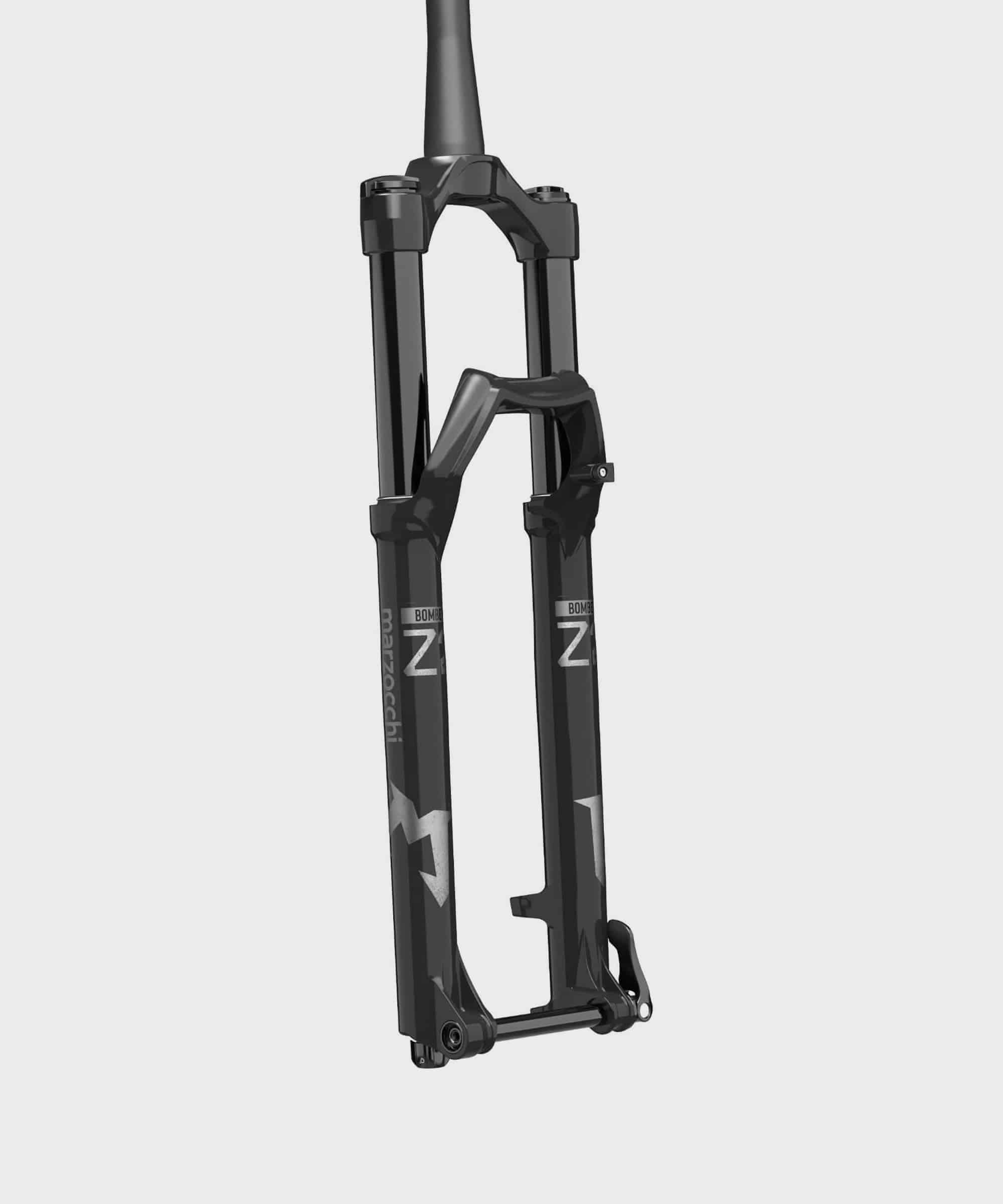 Marzocchi Bomber Z2 mountain bike fork with tapered 27.5/29-inch wheels and 120-150mm travel, displayed from the side.