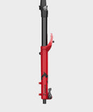 Marzocchi Super Z GRIP X tapered mountain bike suspension fork with black stanchions and silver crown, mounted on a bike.
