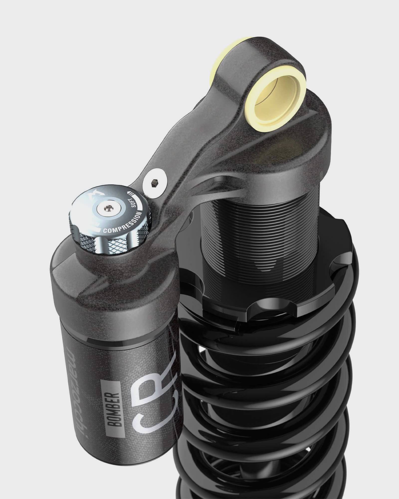 Marzocchi Bomber CR rear shock damper with adjustable compression and rebound for mountain bike suspension components.