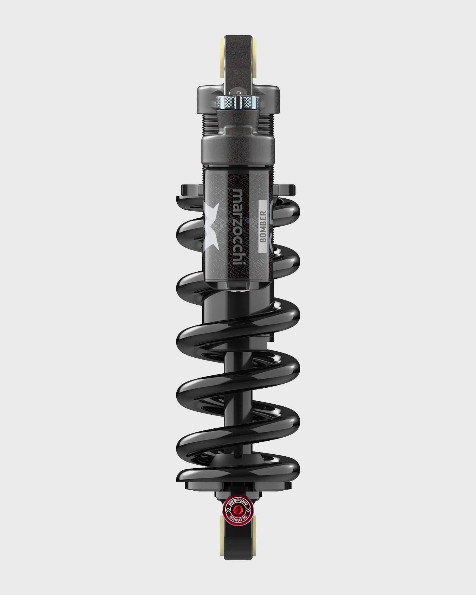 Marzocchi Bomber CR rear shock damper with adjustable compression and rebound for mountain bike suspension components.