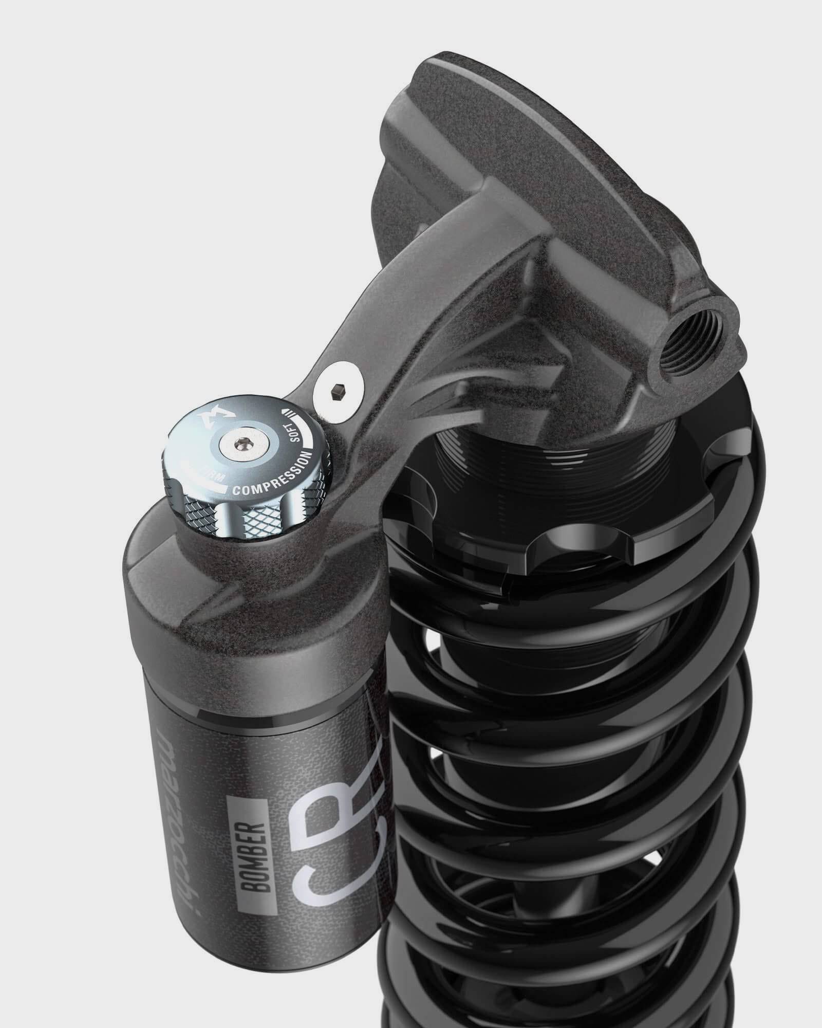 Marzocchi Bomber CR rear shock damper with adjustable compression and rebound for mountain bike suspension.