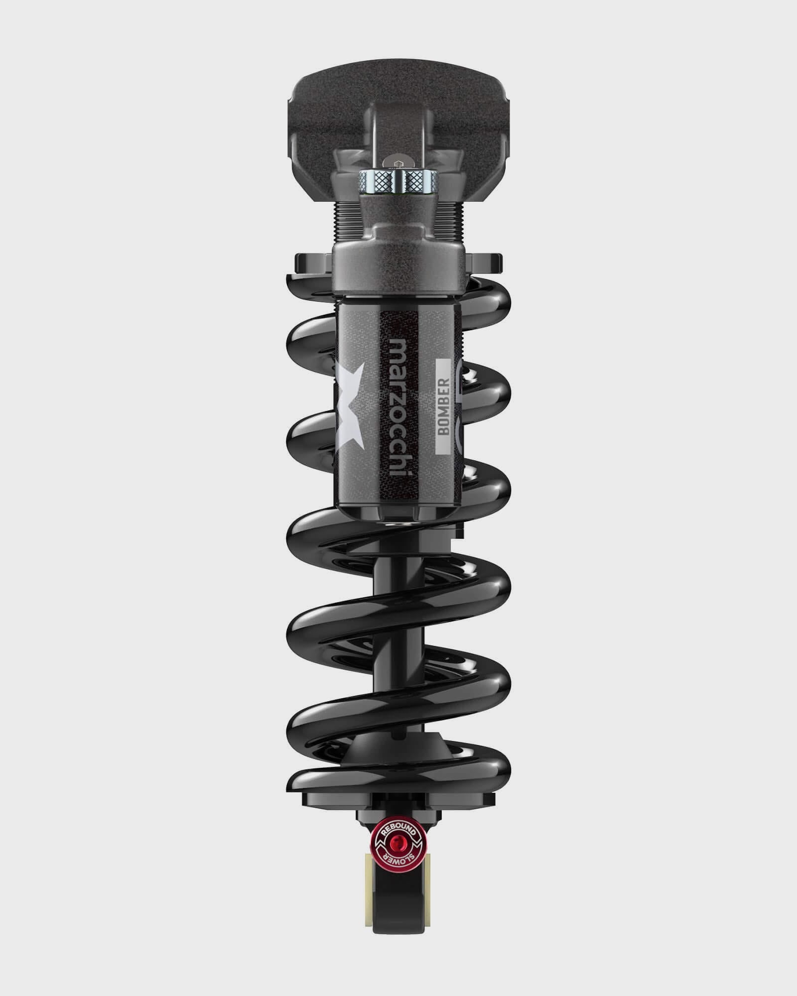 Marzocchi Bomber CR rear shock damper with adjustable compression and rebound, mountain bike suspension component.