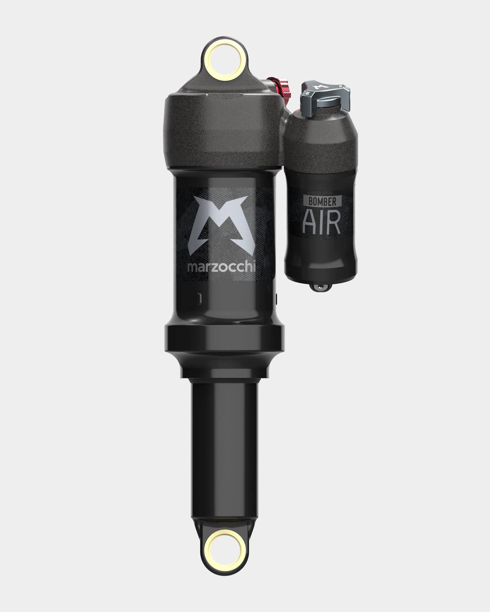 Marzocchi Bomber Air Shock rear suspension for downhill and trail riding, featuring adjustable air spring and damping components.
