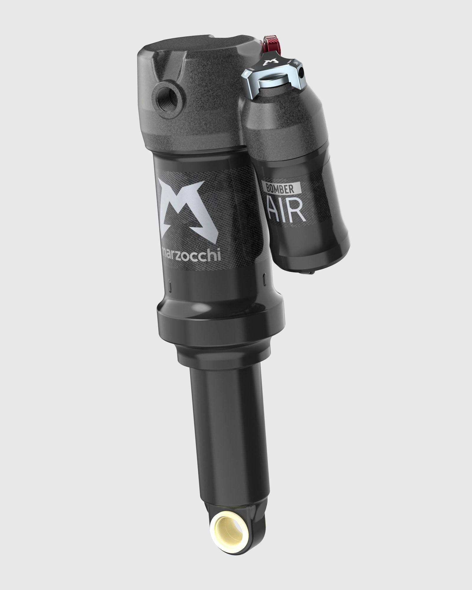 Marzocchi Bomber Air Shock rear suspension for downhill and trail riding, showing the shock absorber with branding and adjustment features.