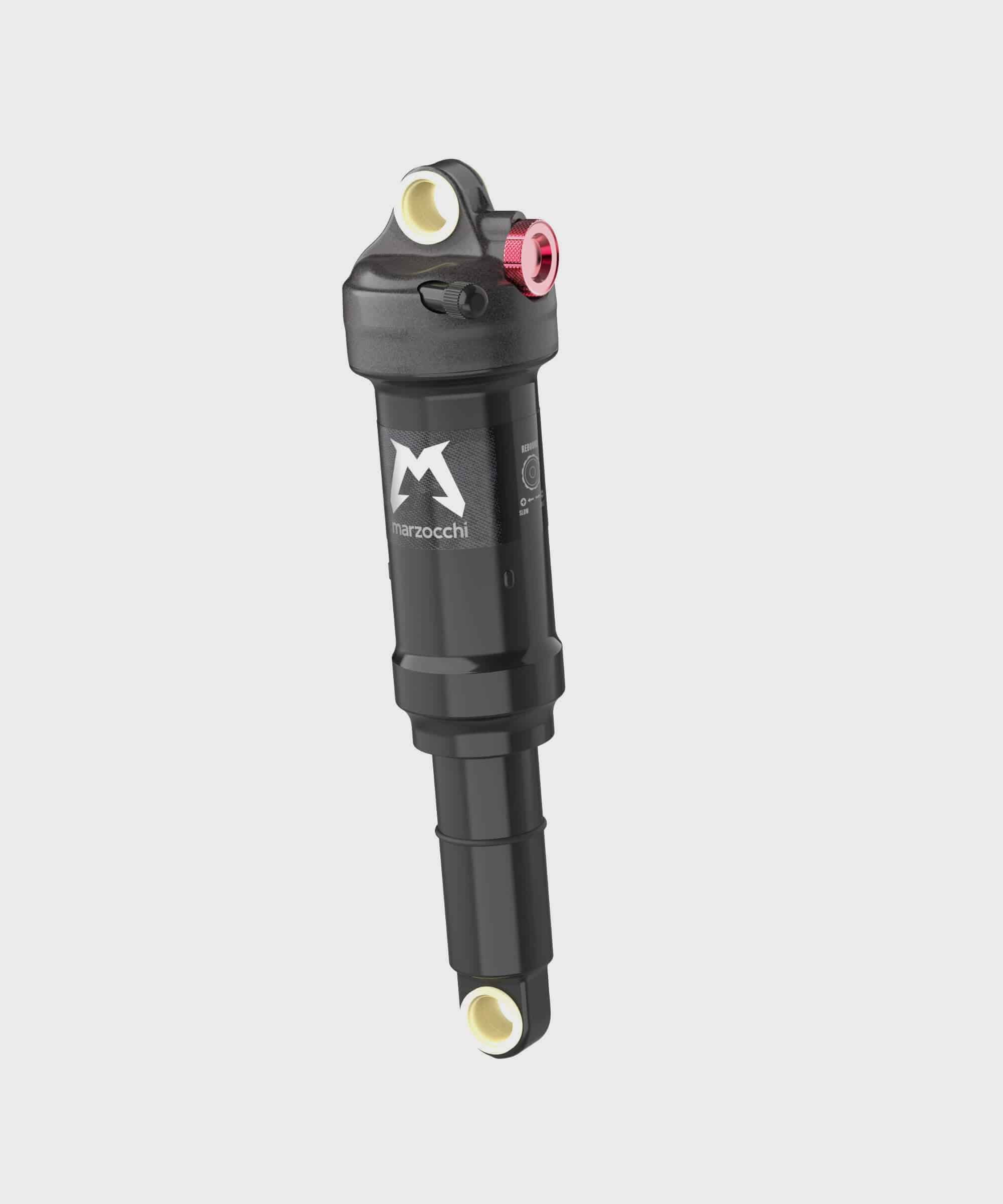 Marzocchi Bomber Inline rear shock for trail bikes, showing the shock absorber with mounting hardware and branding.