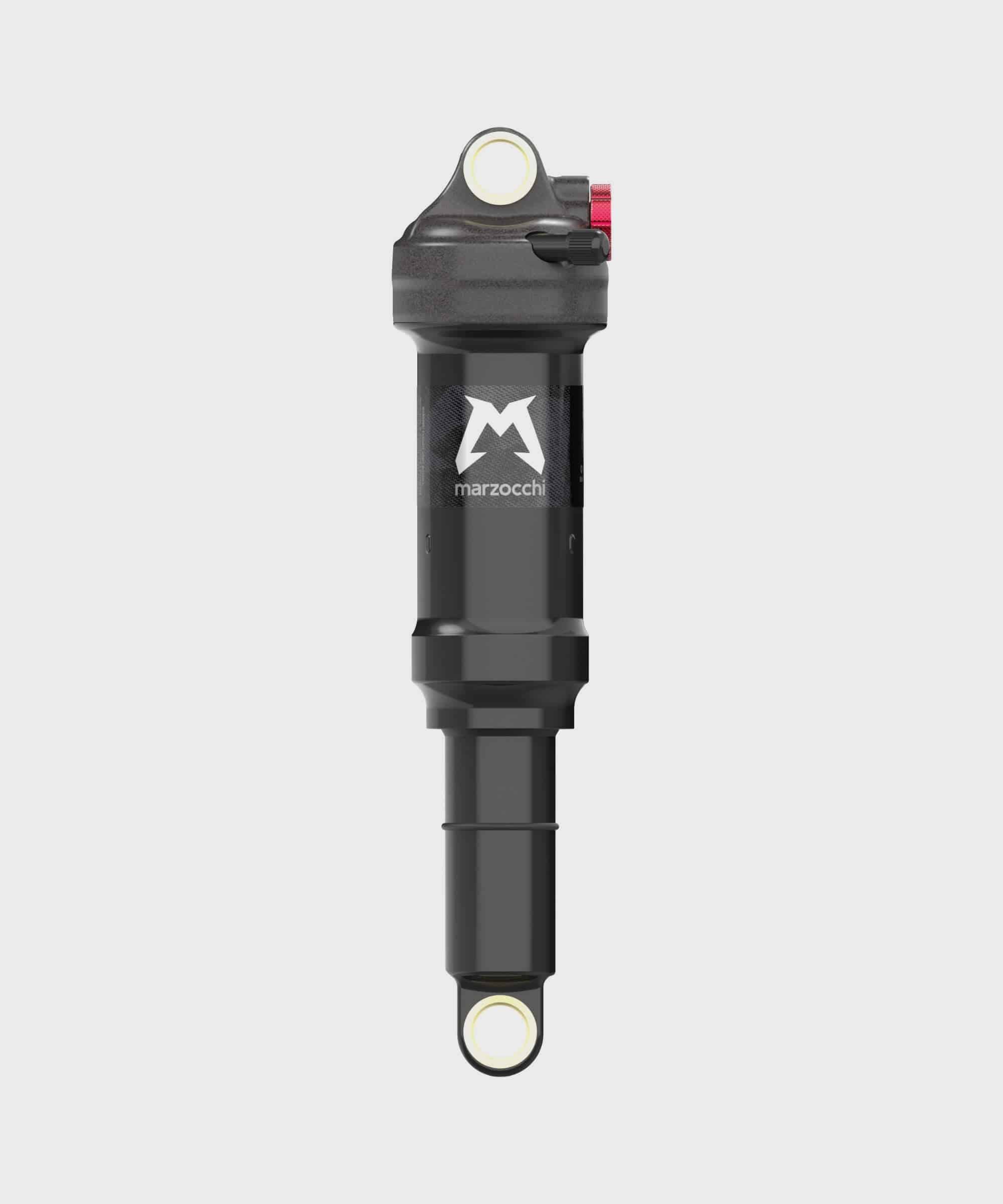 Marzocchi Bomber Inline rear shock for trail bikes, showing the black suspension component with mounting hardware.