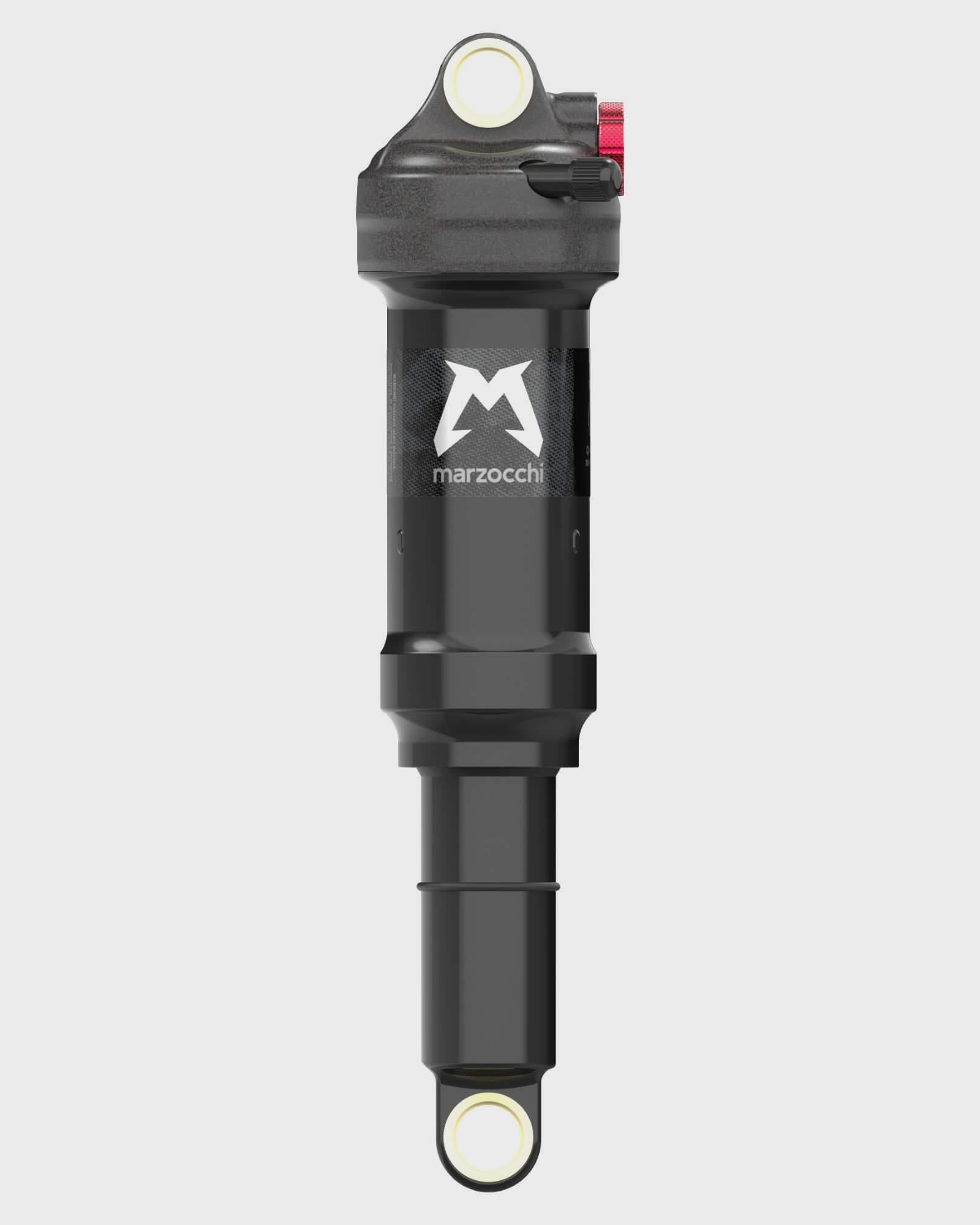 Marzocchi Bomber Inline rear shock for trail bikes, showing the shock absorber with mounting hardware and branding details.