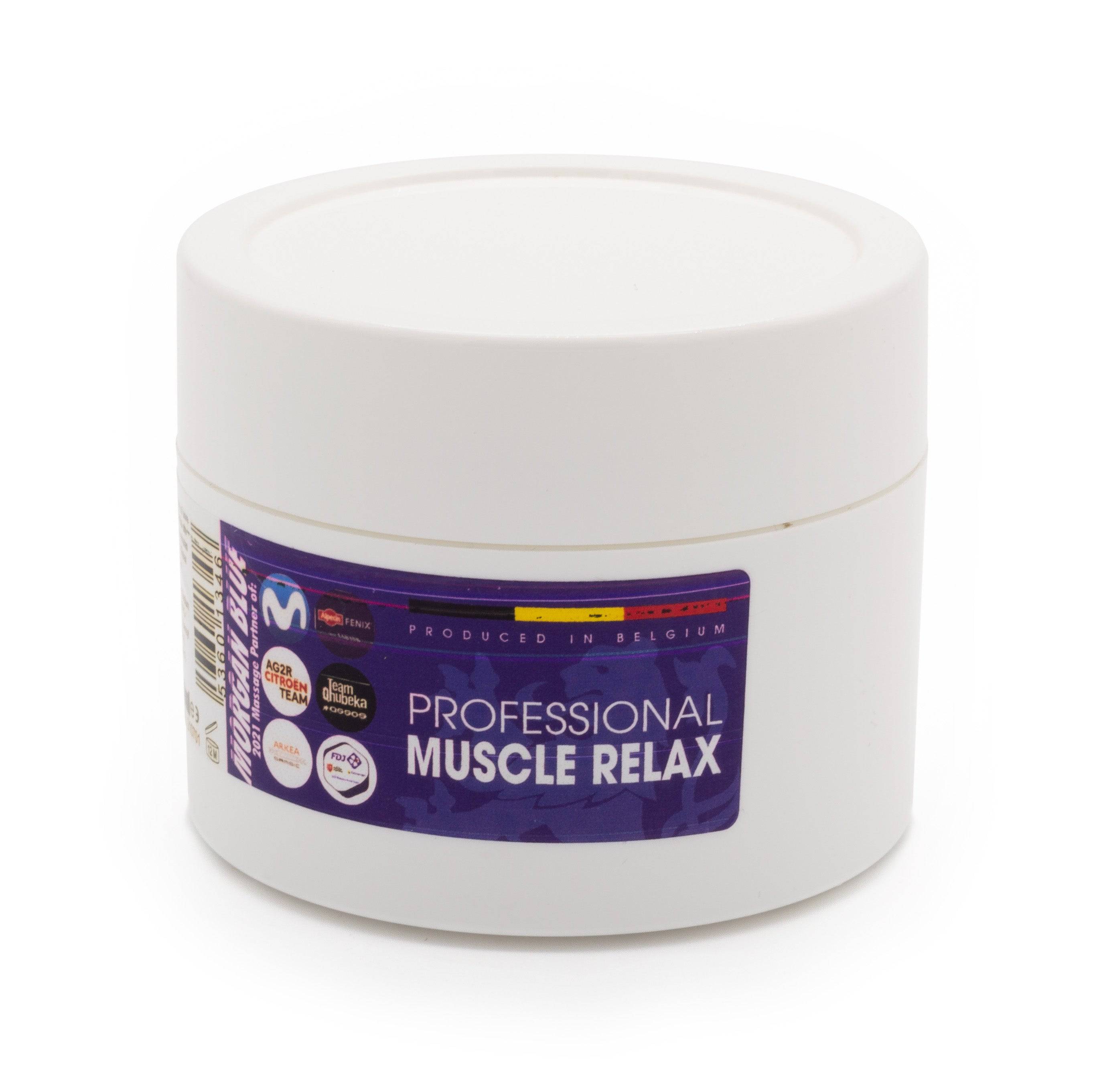 Morgan Blue Muscle Relax Tub 200cc, a soothing gel for sore muscles and recovery, shown in a small white tub with blue labeling.
