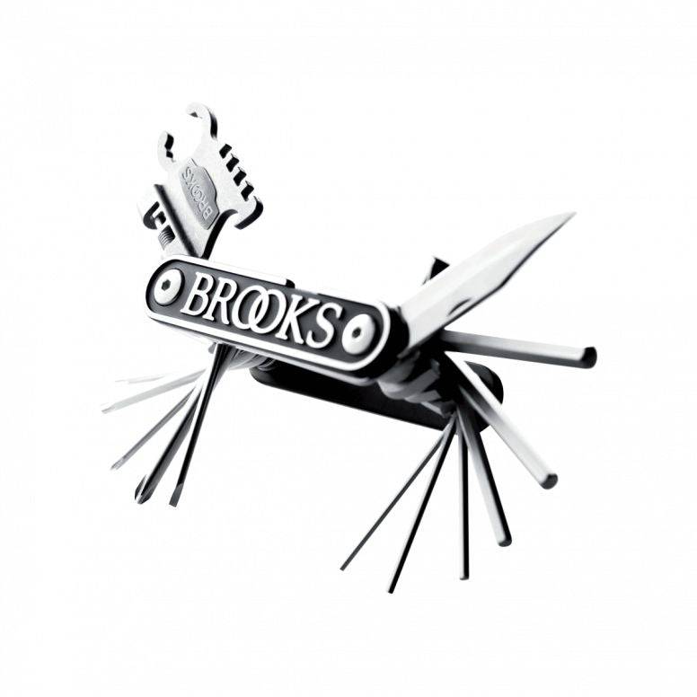 Brooks MT21 multi-tool with leather case for bike repairs, travel, and workshop use, shown in black.