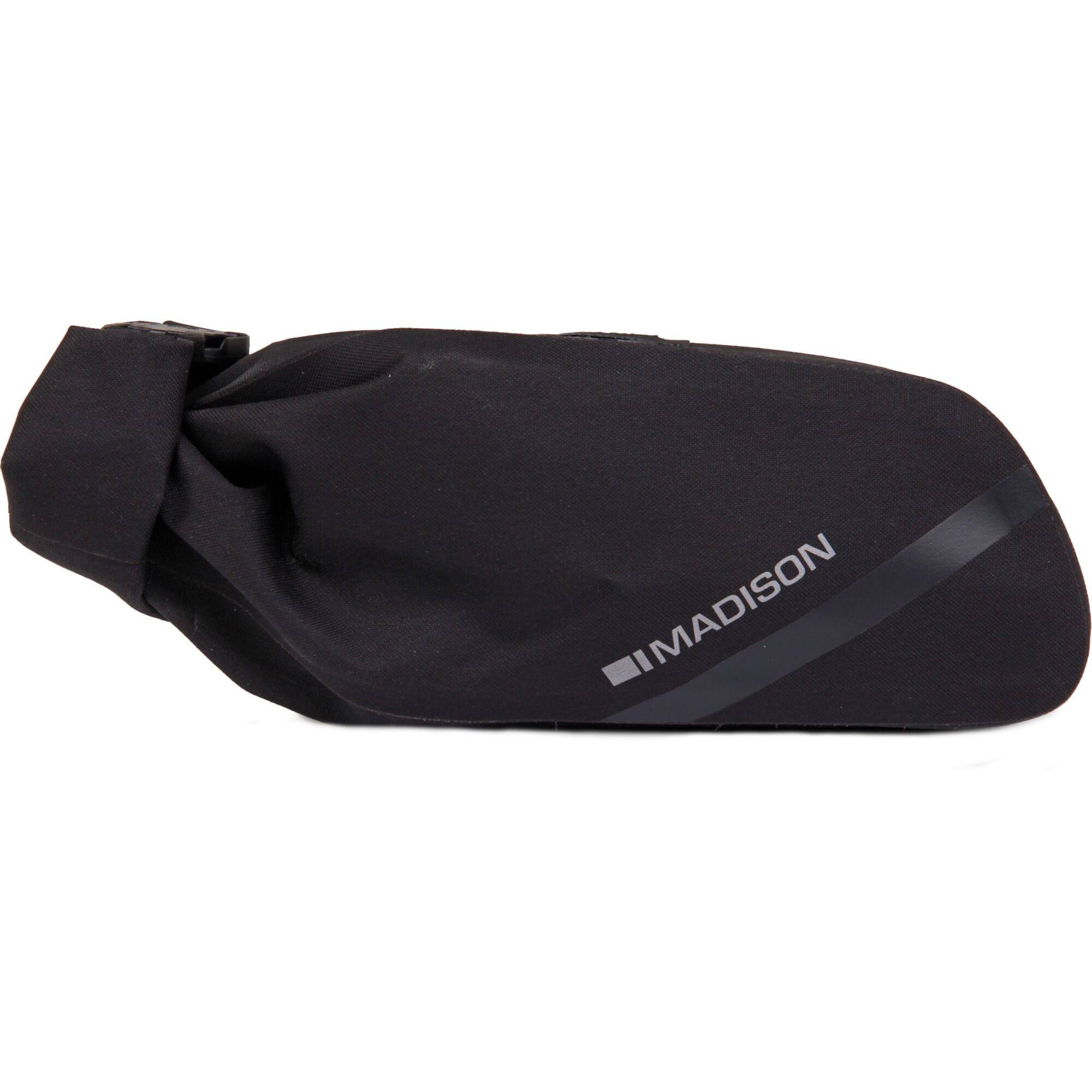 Madison Bags Roam waterproof saddle bag with elastic strap mounting system, designed for bike accessories.