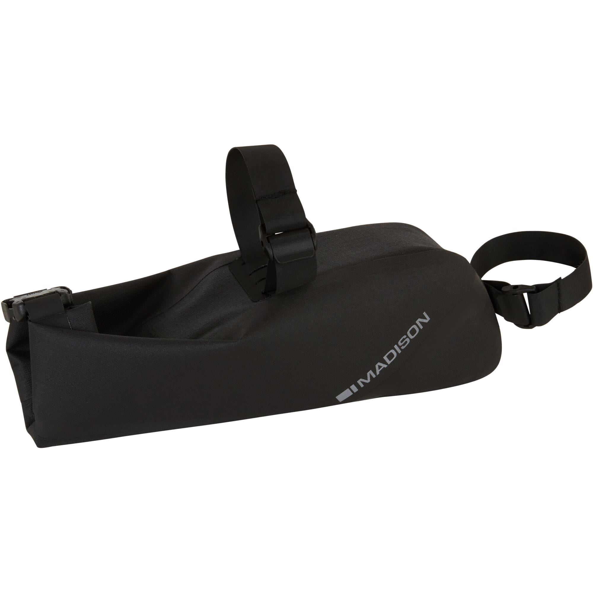 Madison Bags Roam waterproof saddle bag with elastic strap mounting system, designed for bike accessories and outdoor cycling.