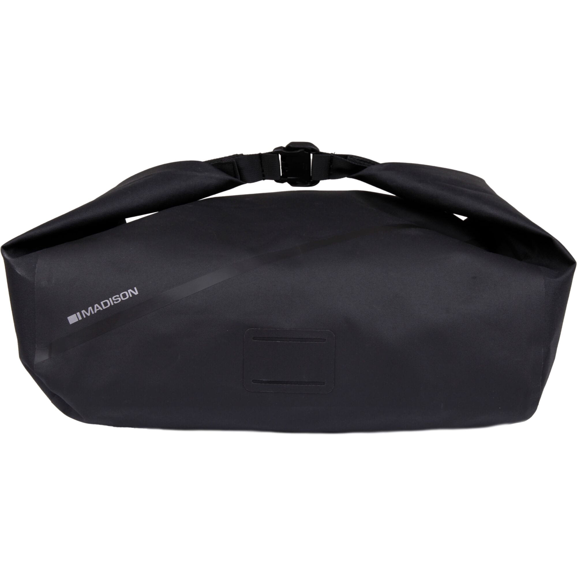 Madison Bags Roam waterproof 25L bike rack top bag in black with shoulder strap, designed for cycling accessories and storage.