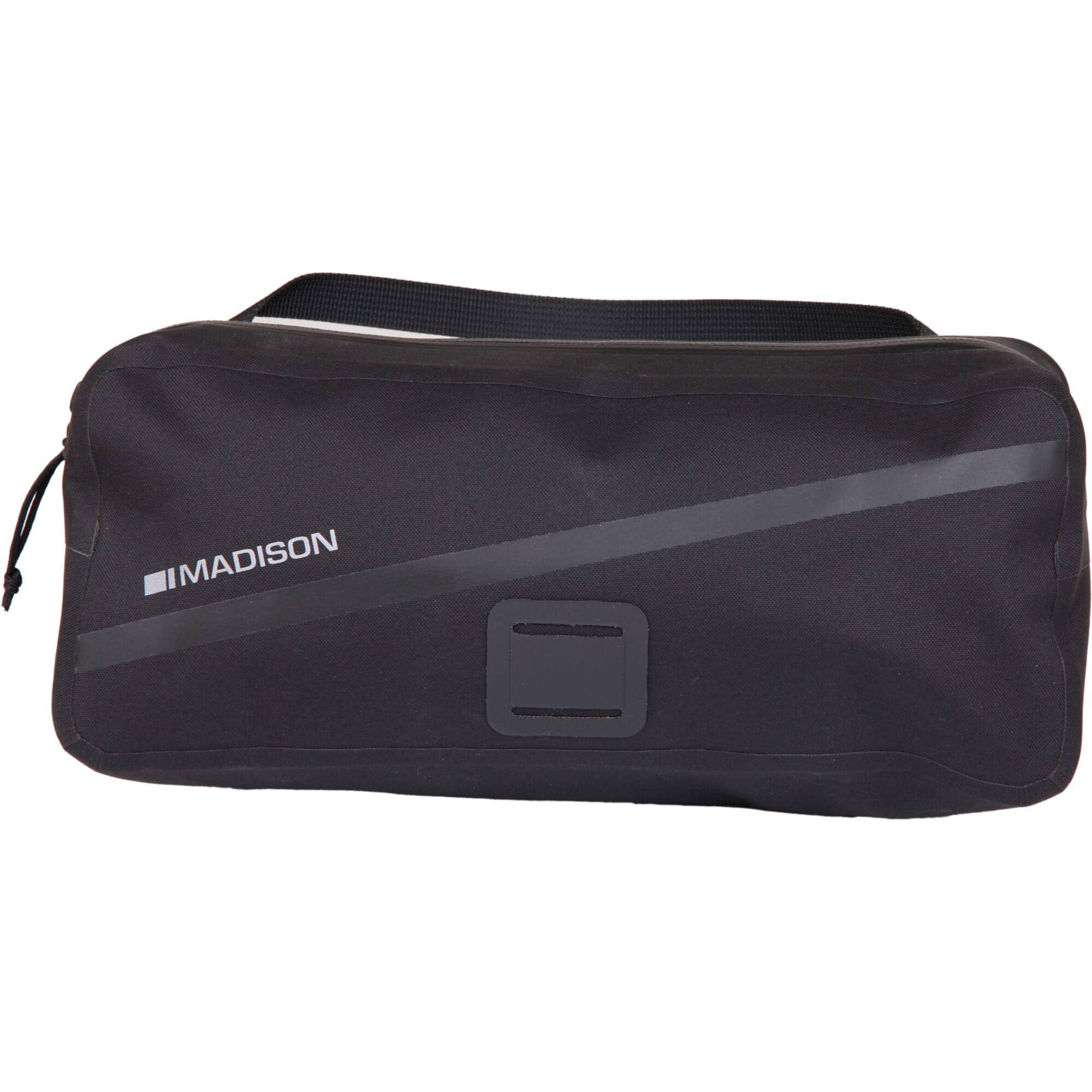 Madison Bags Roam waterproof handlebar bag with reflective trim and elastic strap mount for cycling accessories.