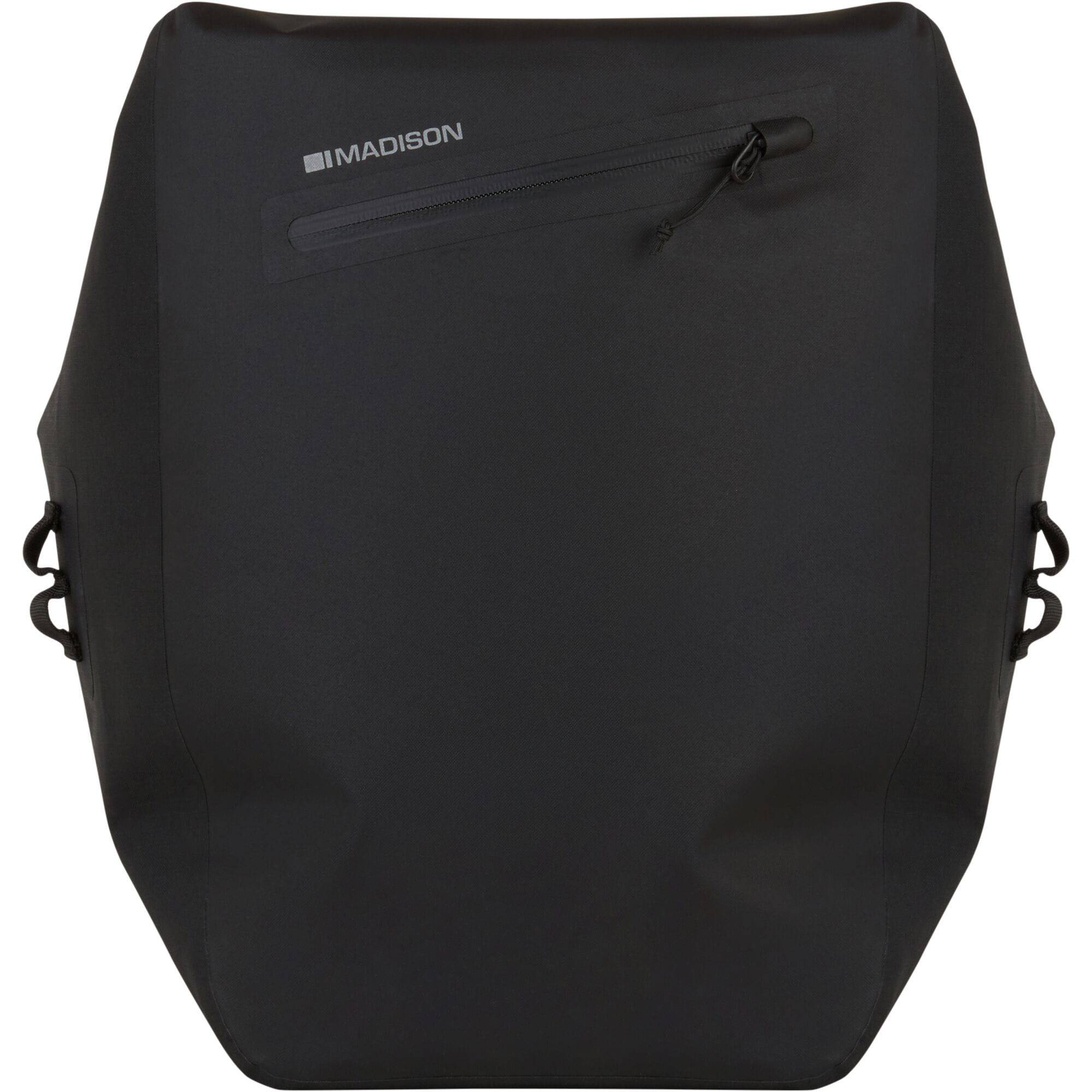 Madison Bags Roam 30L waterproof pannier bag with quick-release mounting system, shown mounted on a bicycle rack.
