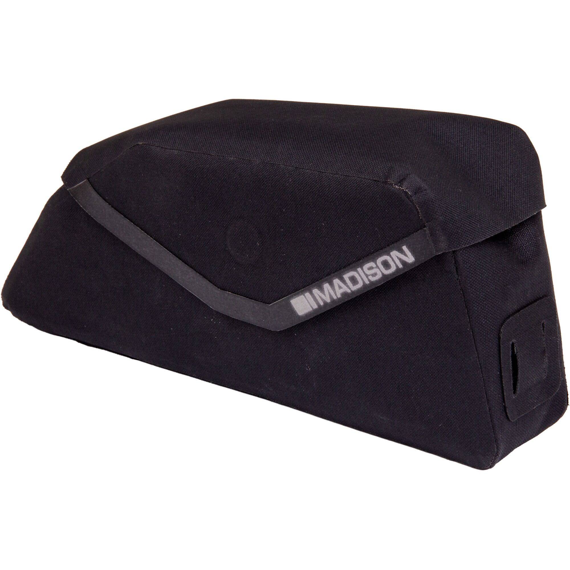 Black Madison Bags Roam waterproof 1L bike top tube bag with magnetic closure, designed for cycling accessories.